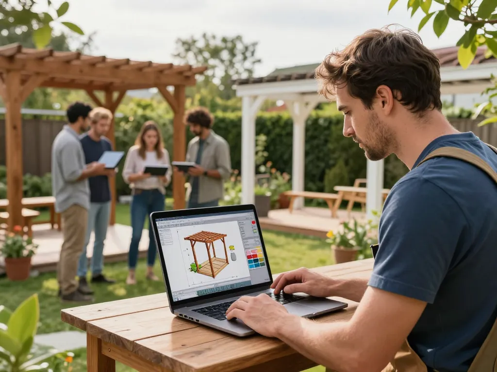 Software für Pergola-Installateure in Aktion, während ein Benutzer ein 3D-Pergoladesign in einer Außengartenumgebung anpasst.