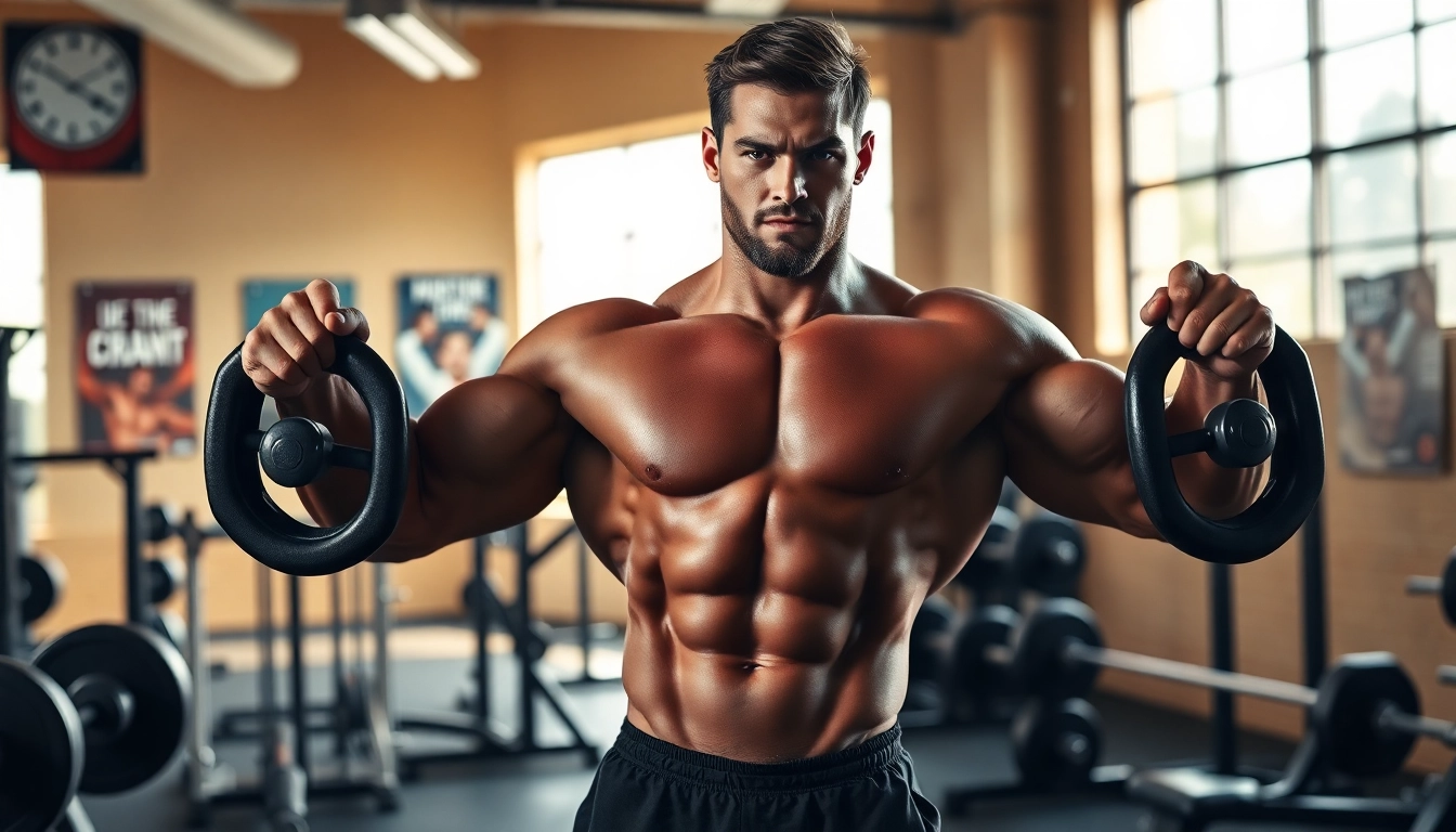 Trainieren mit Trenbolon kaufen: Kraftsportler im Fitnessstudio mit Gewichten.