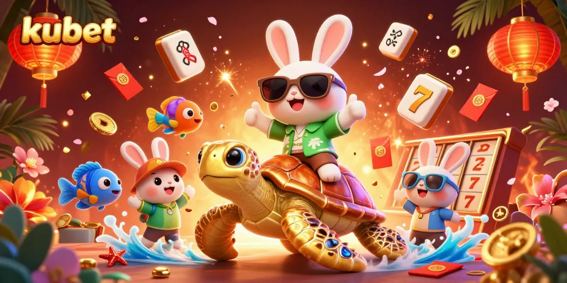 Experience the excitement of kubet with a lucky rabbit and a golden sea turtle in a vibrant casino scene.