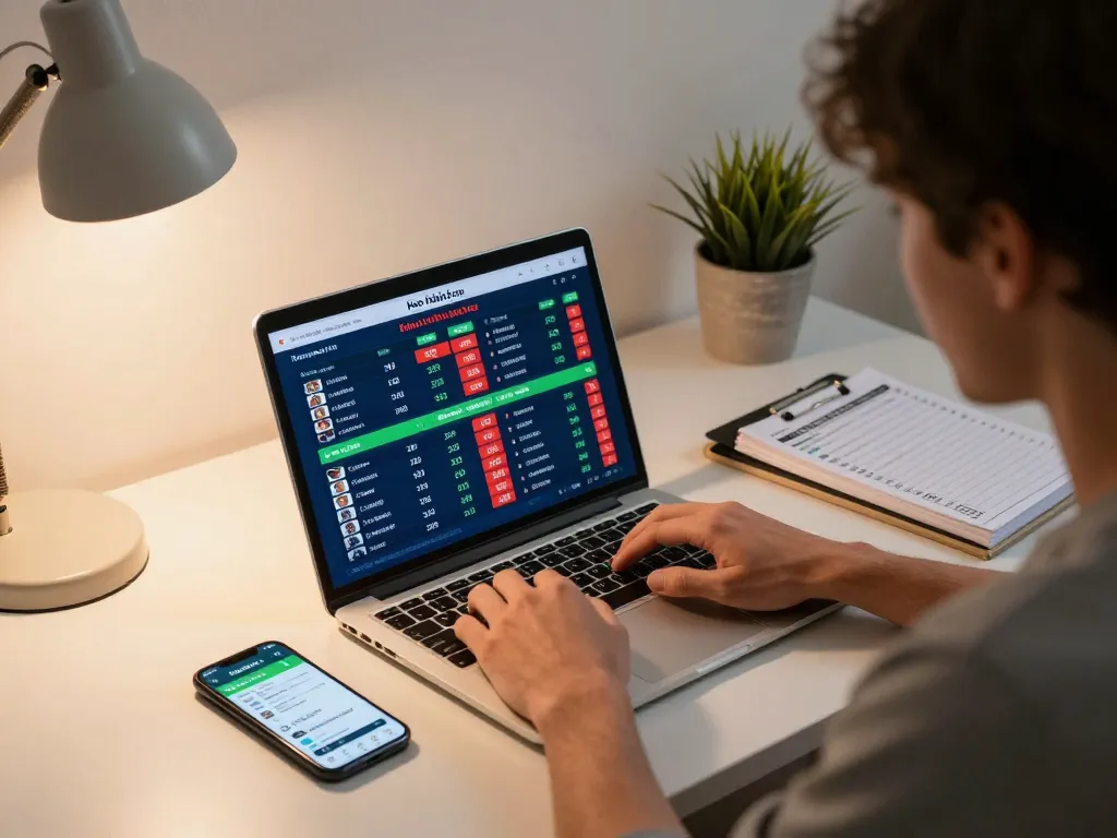 Engaging scene of a person analyzing kèo nhà cái odds for sports betting, showcasing strategic gameplay.