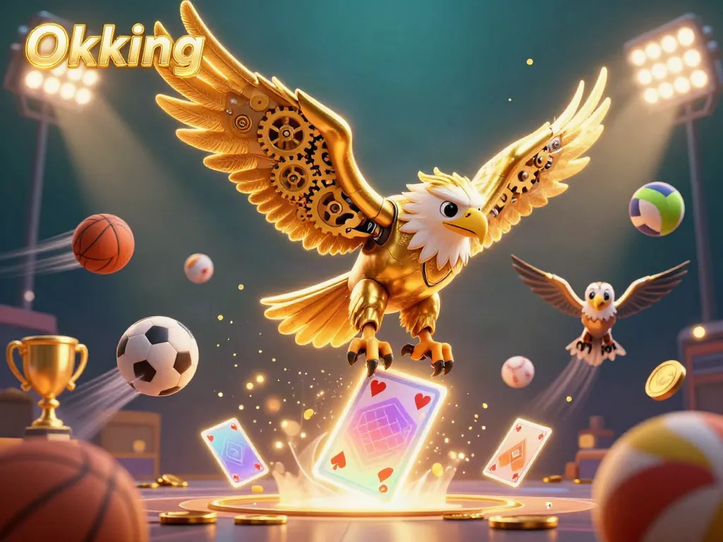 Experience the thrilling world of Okking's casino with a dynamic scene filled with sports elements and a golden eagle.