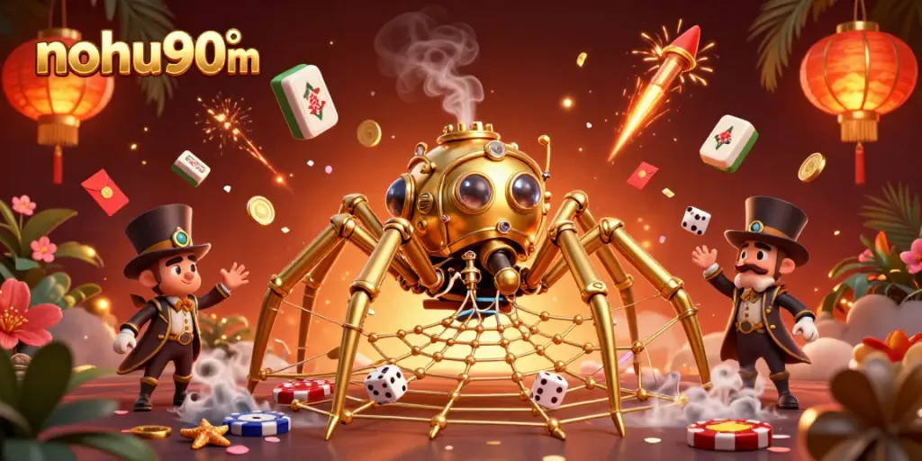 Nohu90m showcases a 3D cartoon steampunk spider catching unlucky dice, under a dynamic, colorful atmosphere.