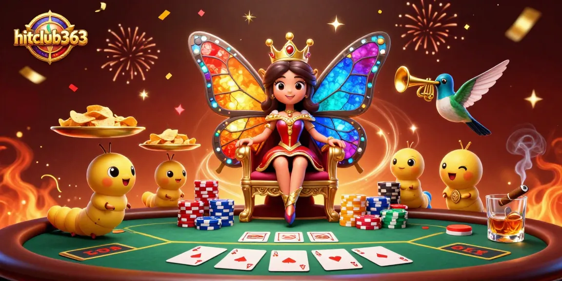 Experience the vibrant excitement of hitclub363 with a butterfly queen, poker chips, and celebratory elements in this colorful scene.