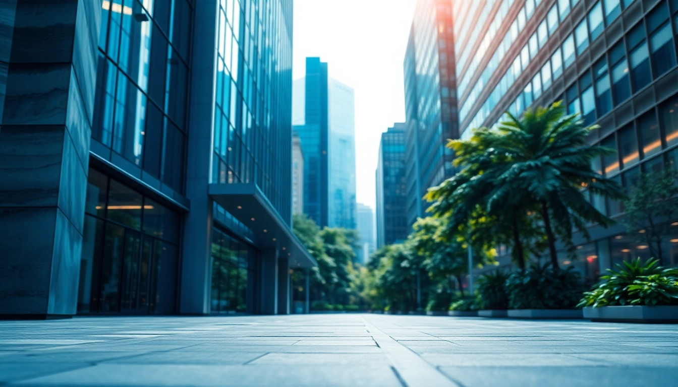 Architekturvisualisierung eines modernen Gebäudes mit frischem Grün im urbanen Raum.
