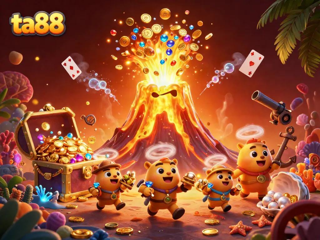 Experience the excitement of ta88 with a vibrant 3D illustration of a volcano erupting treasures!