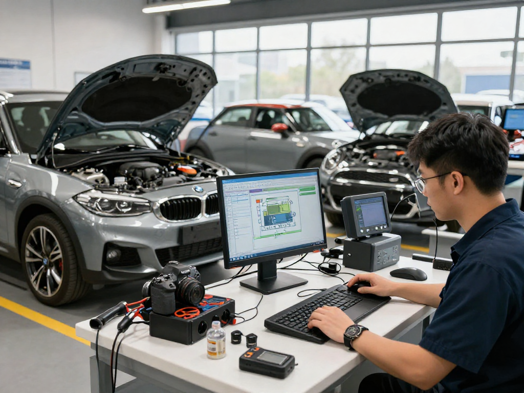 Chiptuning Hannover - Professionelle Mechaniker bei der Arbeit an BMW und MINI Fahrzeugen in einer modernen Werkstatt