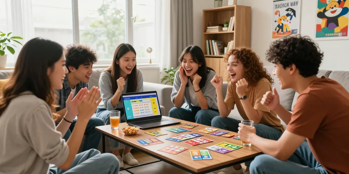 Freunde spielen ein Quiz Allgemeinwissen in einem modernen Wohnzimmer mit farbenfrohen Quizkarten und einem Laptop.