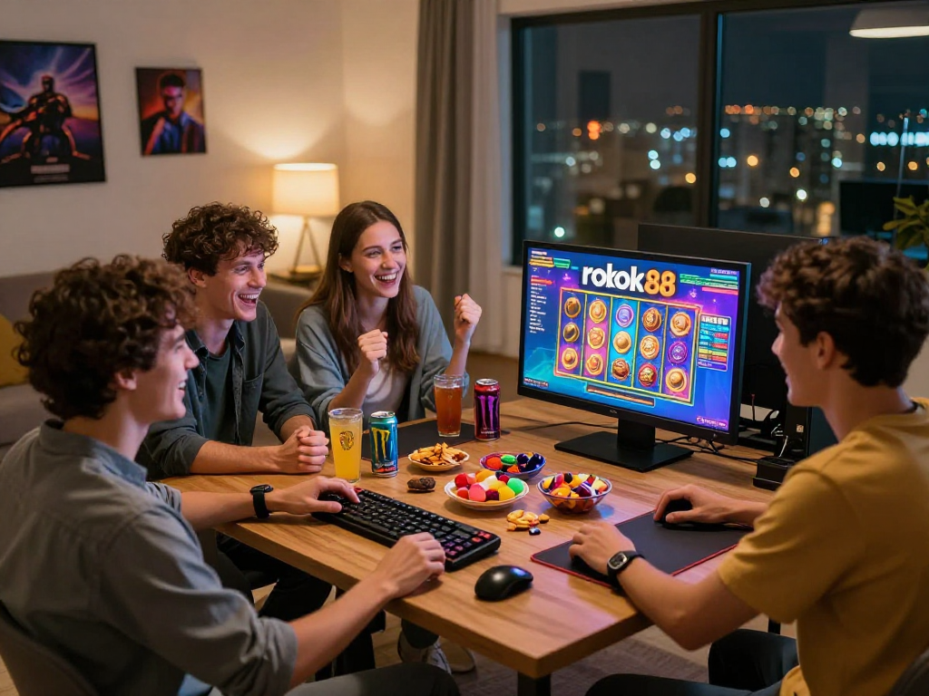 Friends enjoying the rokok88 slot game in a lively, cozy environment.