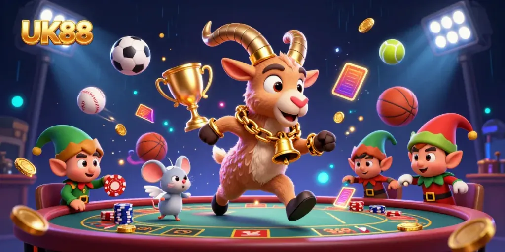 Experience the thrilling excitement of UK88 with dynamic characters in a lively casino scene.