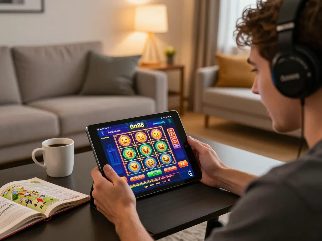 Player engaging with dn88 online casino on tablet, immersed in gameplay in cozy living room.