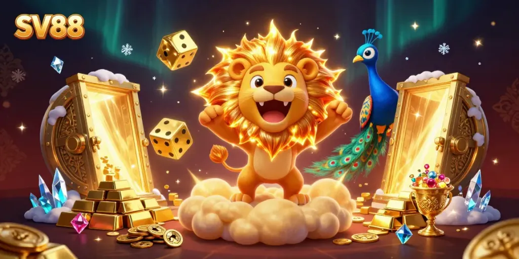 Engage in thrilling gameplay with SV88's dynamic and colorful casino illustration featuring the sun lion and dazzling treasures.