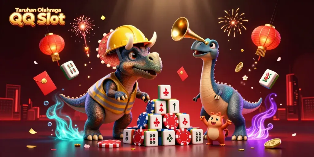 Engage in thrilling Taruhan Olahraga QQ Slot with vibrant characters and festive elements celebrating the online gambling experience.