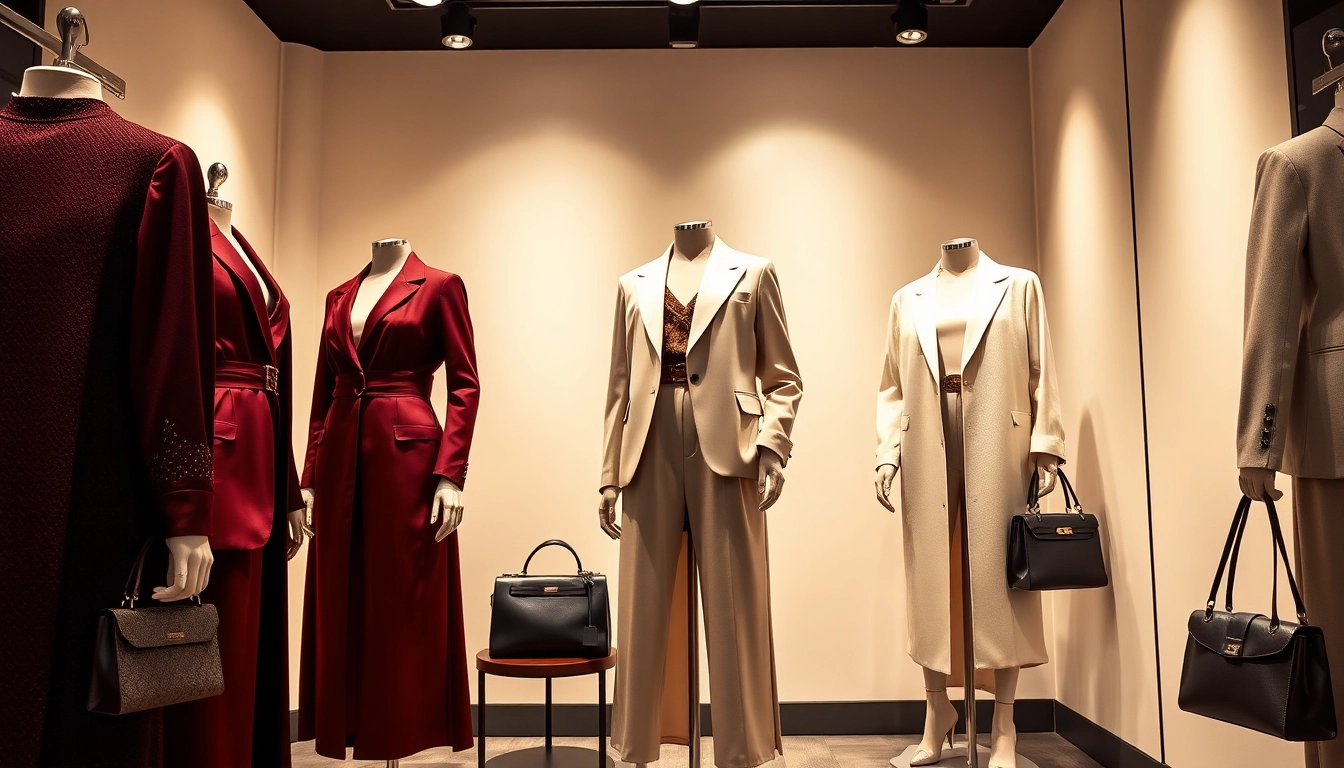 Alvionz luxurious fashion showcase featuring elegant outfits and chic accessories in a high-end boutique setting.