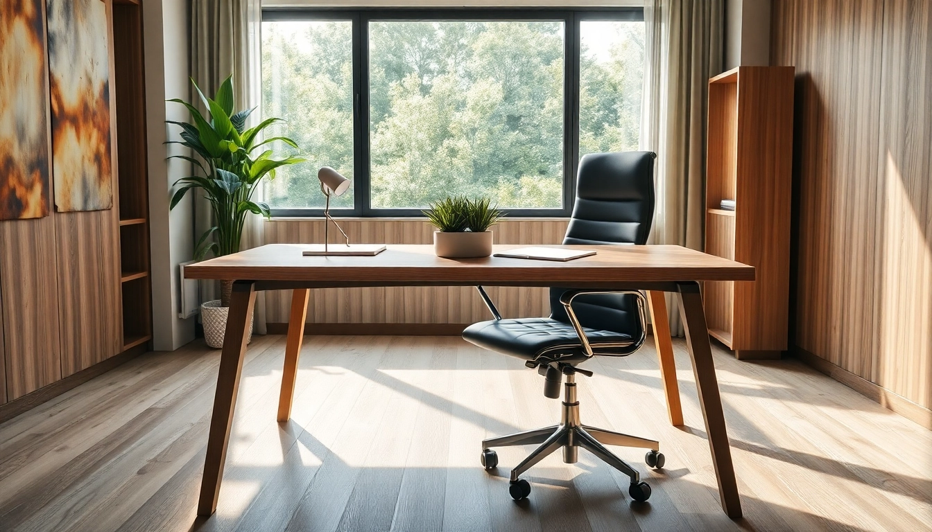 Moderne Büromöbel: ergonomischer Schreibtisch und bequemer Stuhl in einladendem Büro.
