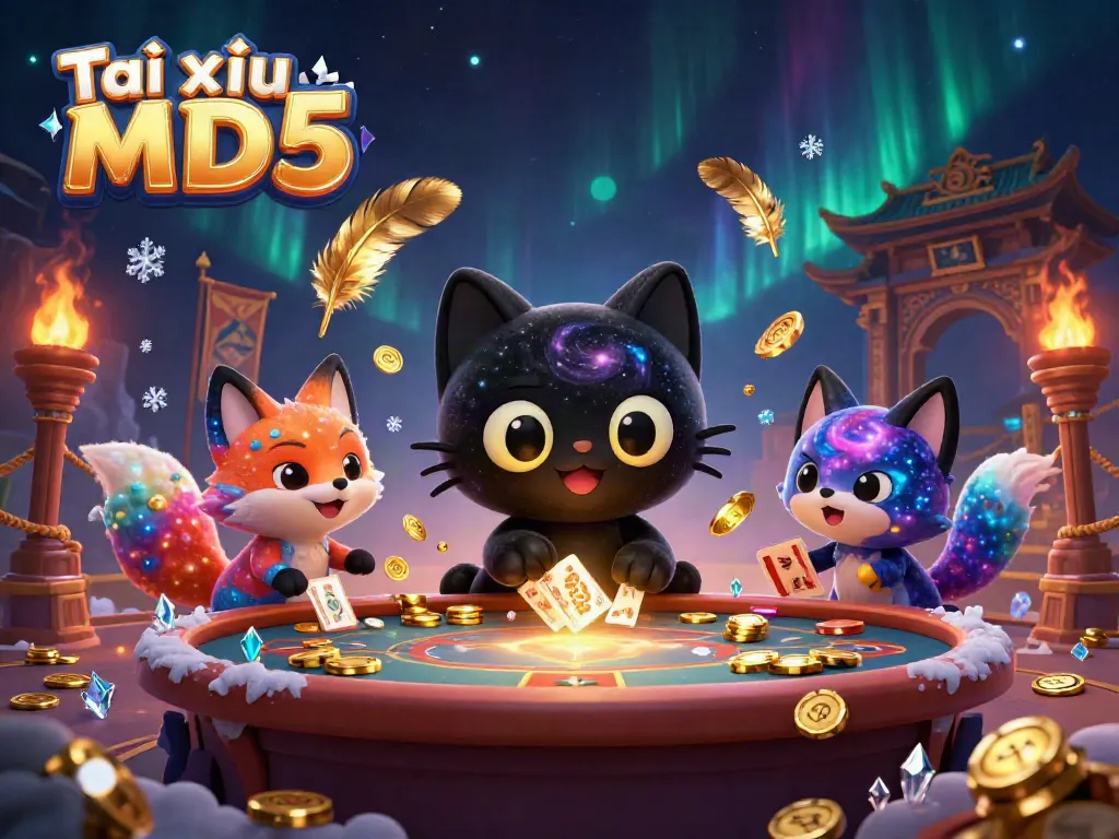 Tài xỉu MD5 features a cosmic cat and nebula fox captivating players at a casino table.