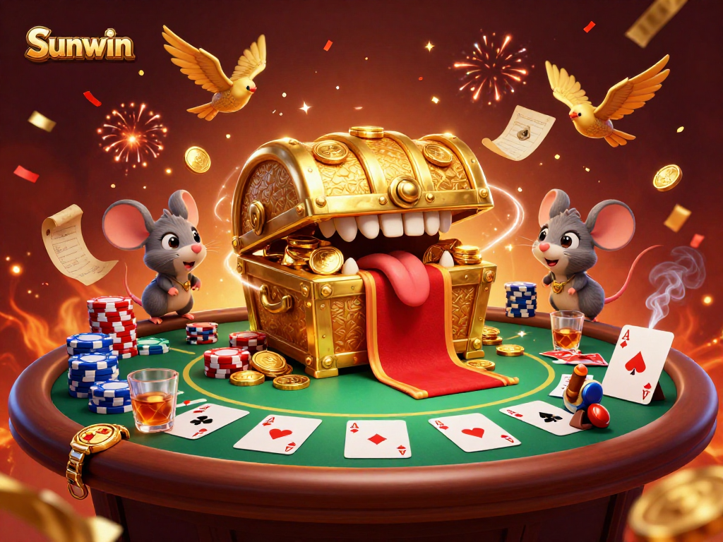 Engage in thrilling casino adventures with Sunwin surrounded by poker and treasures.
