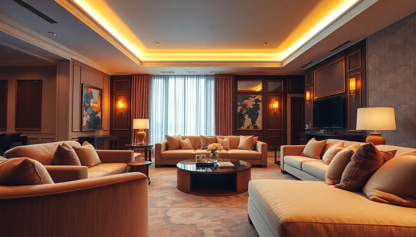 Luxury living room showcasing plush seating and ambient lighting for a cozy atmosphere.