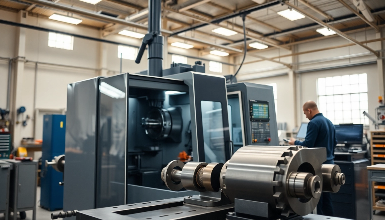 CNC Lohnfertigung Bayern, hochpräzise Bearbeitung von Metallteilen in einem professionellen Arbeitsumfeld.