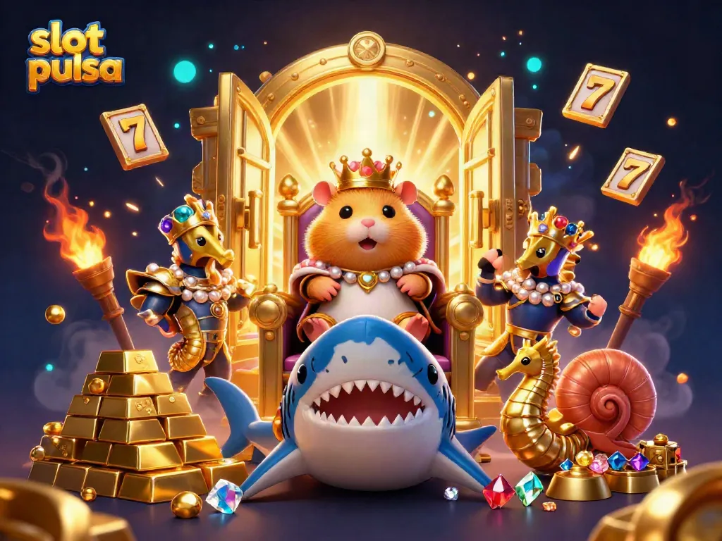 Spin the reels at slot pulsa with a dynamic scene featuring a golden hamster king and treasure elements.