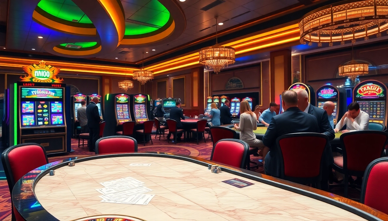 Experience thrilling gameplay at MMOO's vibrant casino, featuring slot machines and poker tables.