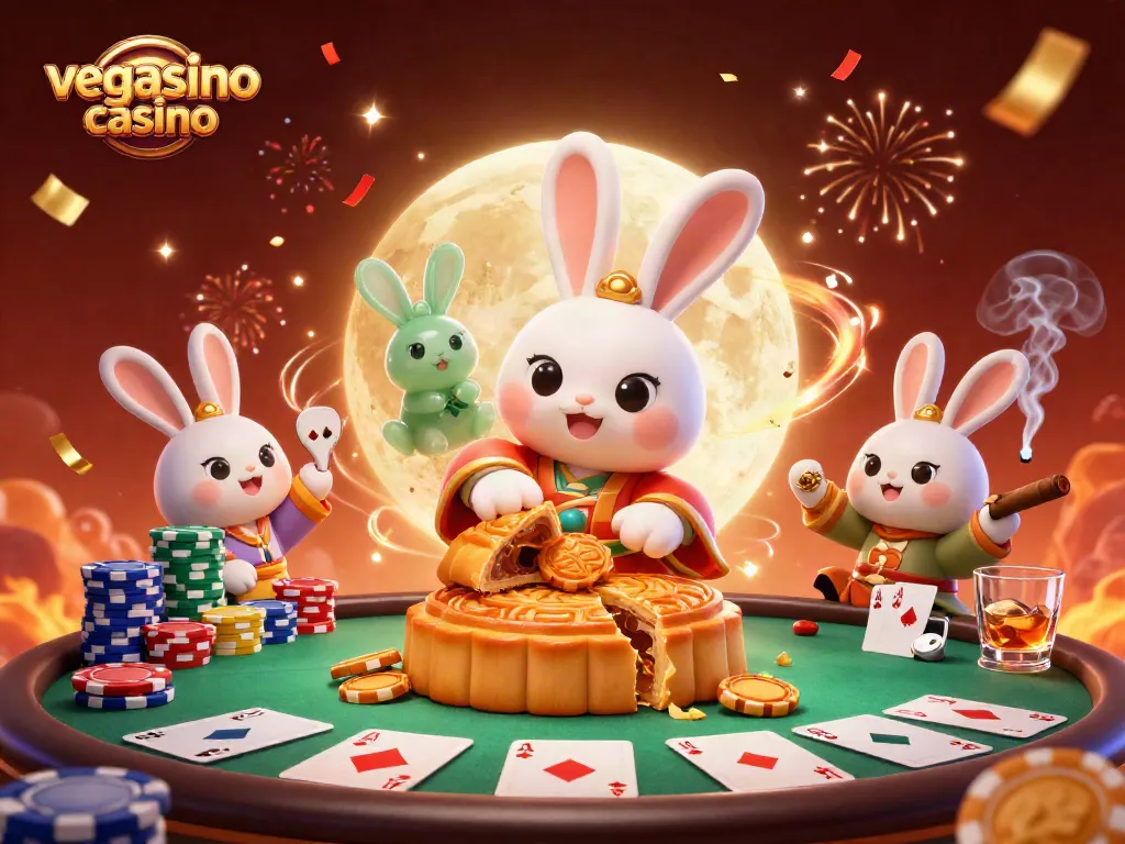 Experience the excitement of vegasino casino with the moon rabbit celebrating poker chip rewards.