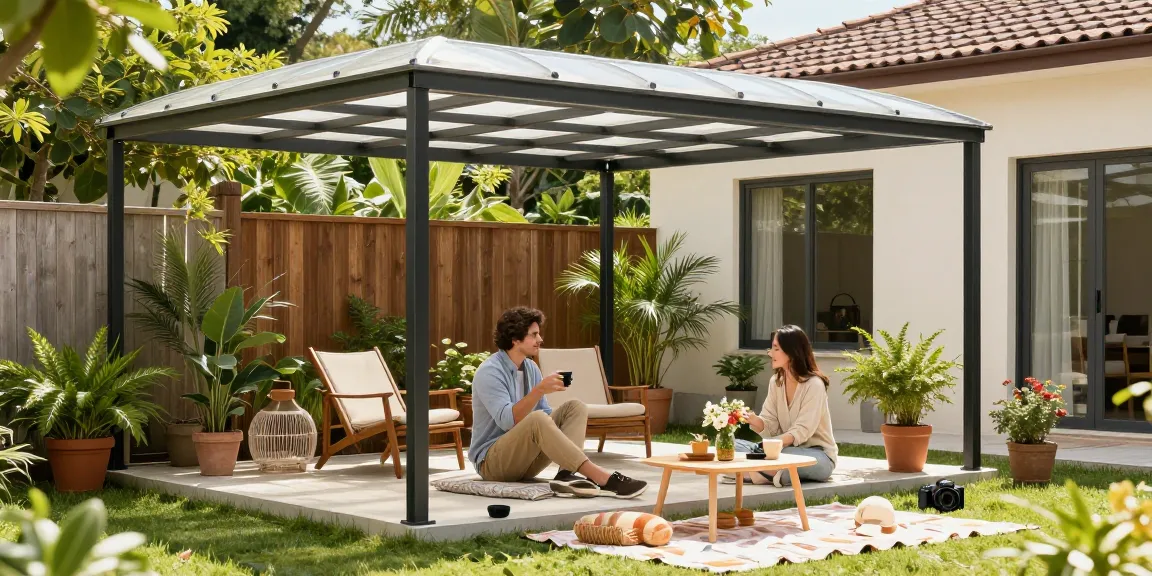 Terrassenüberdachung freistehend als gemütlicher Außenbereich mit Pflanzen und Möbeln.