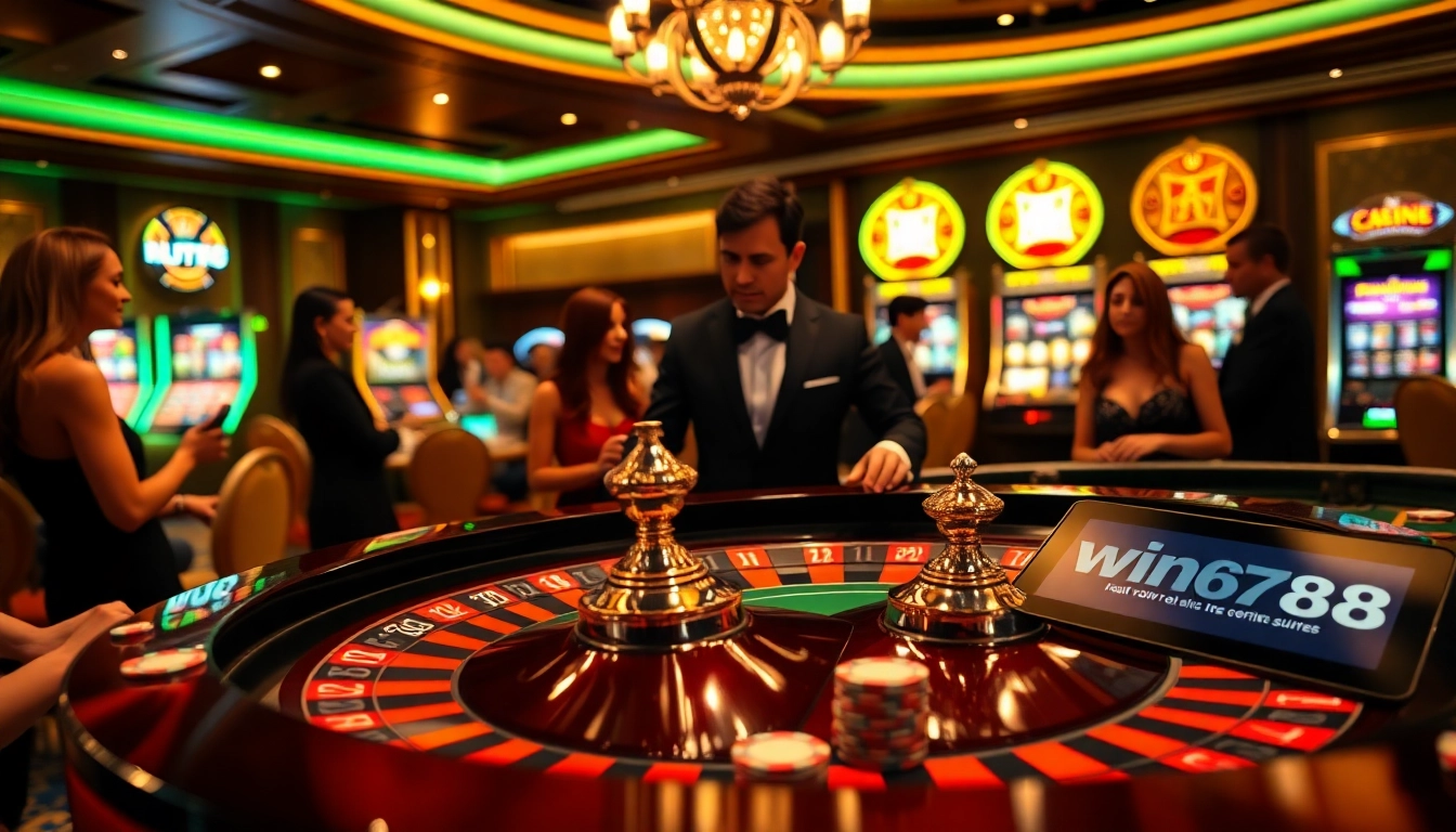 Experience the thrill of win678 at a luxurious casino table, featuring poker chips and an engaging dealer.