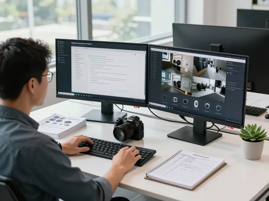 Experte analysiert die Synology Überwachungslizenz und Kamerafeeds in einem modernen Büro