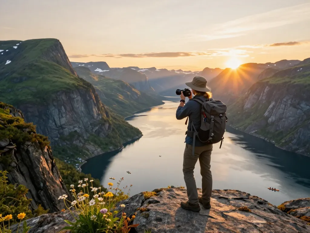 Skandinavien Reisetipps: Reisender genießt die atemberaubenden norwegischen Fjorde bei Sonnenuntergang, betont Abenteuer und natürliche Schönheit.