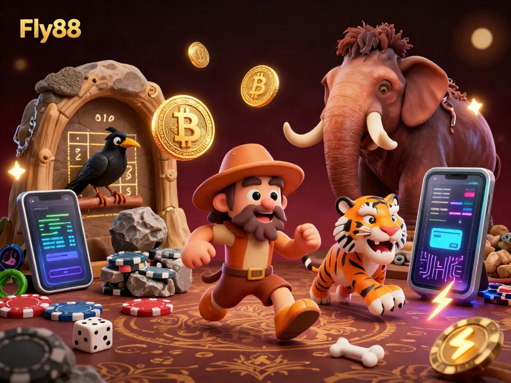 Fly88 caveman duo enjoying a vibrant prehistoric casino experience with neon crypto coins.