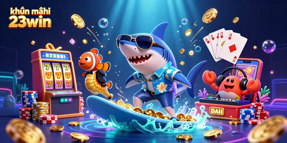 Surfing shark showcases khuyến mãi 23win with slot reels and vibrant casino elements.
