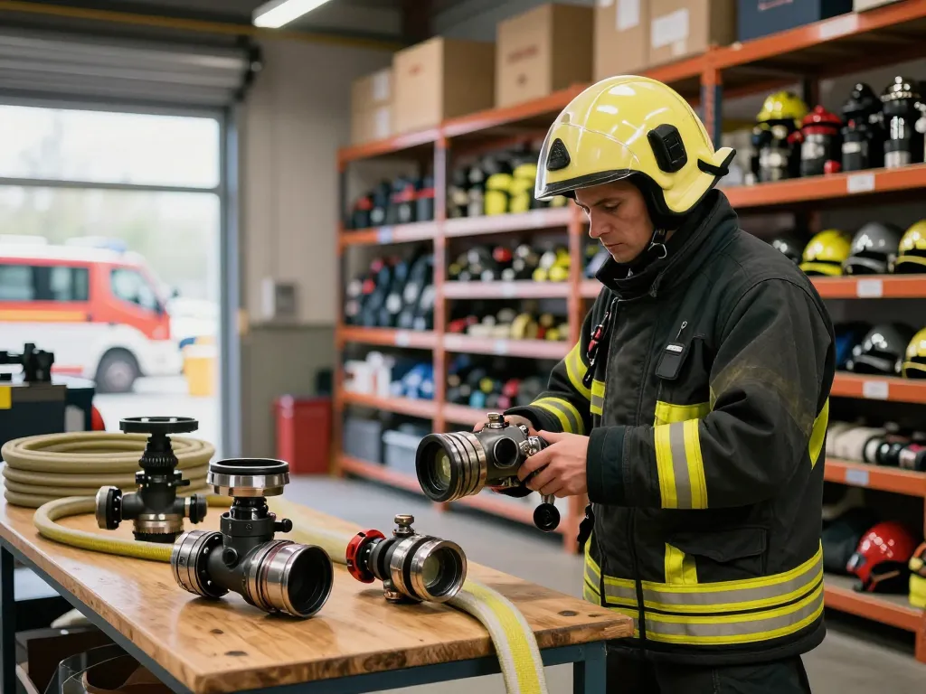 Feuerwehrmann inspiziert die Storz A Löschwasseranschluss-Kupplung in einem Lager für Feuerwehr-Ausrüstung und präsentiert essentielle Notfallausrüstung.