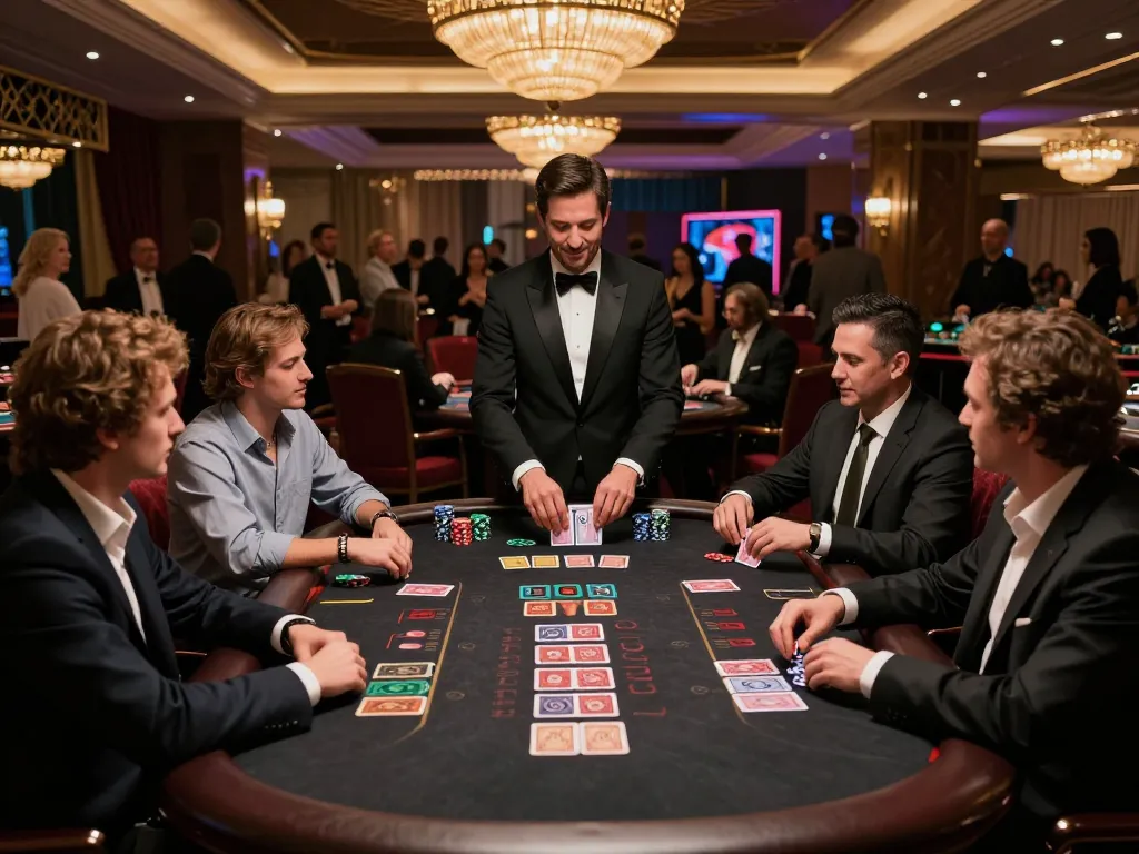 Engage with AUD77 blackjack at a luxurious casino with players showing excitement.