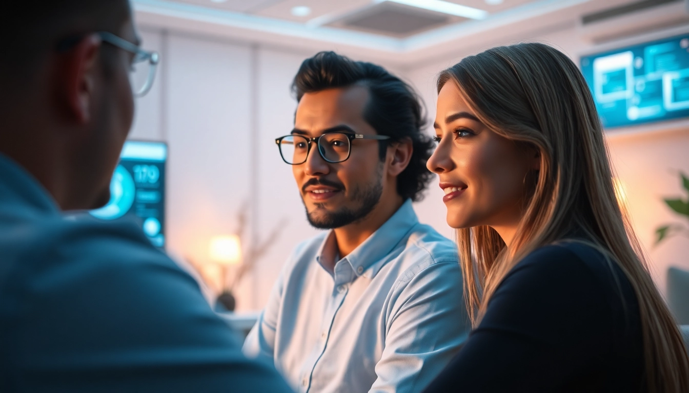 Interagierende ai girlfriend in einem modernen, einladenden Raum mit digitalen Schnittstellen.