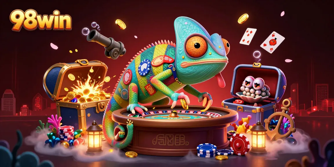 Experience thrilling gameplay at 98win with an exciting casino owner and treasure-filled scene.