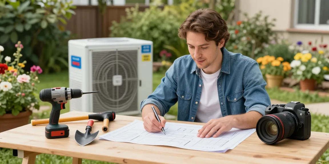 Hausbesitzer plant Geothermie Kosten im Garten mit Werkzeugen und Plänen.
