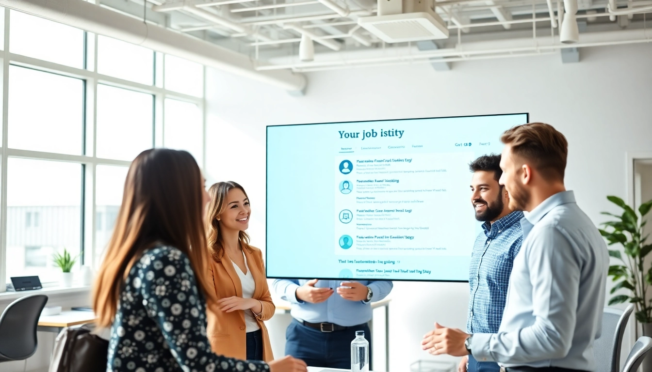 Professionals exploring Stellenangebote together in a modern office, reflecting collaboration and job search.