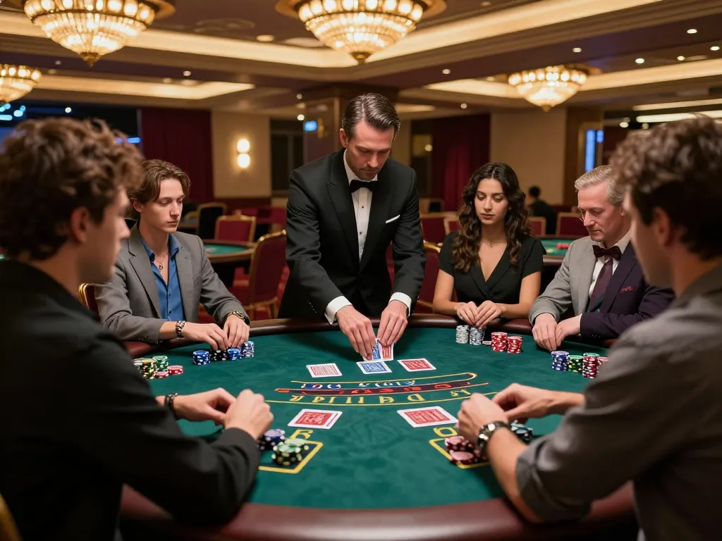 Players engage at a blackjack table in a luxury casino setting with nhà cái LLwin clearly visible, showcasing strategic gameplay.