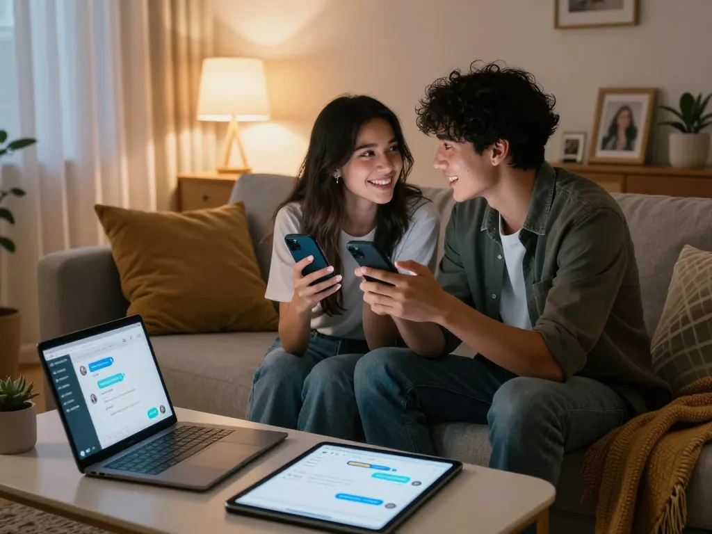 Young couple sexting with AI on smartphones, cozy living room atmosphere.