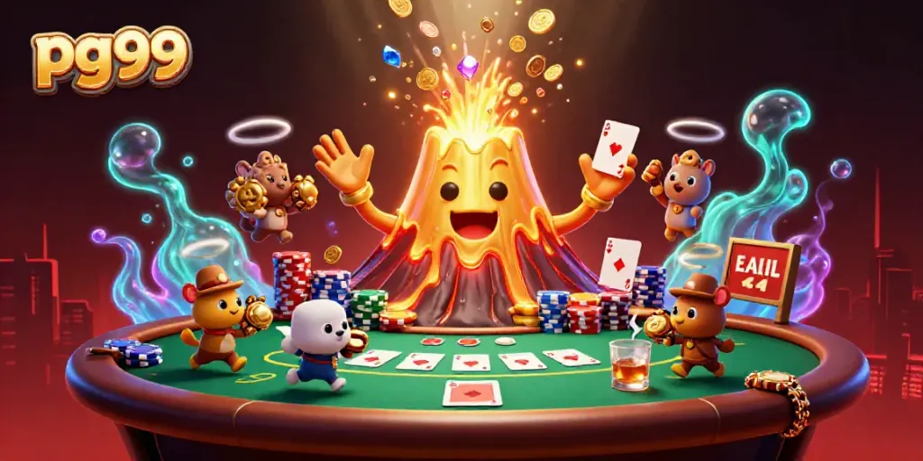 Experience the thrill of pg99 with a 3D volcano erupting treasure and poker elements in vibrant casino art.