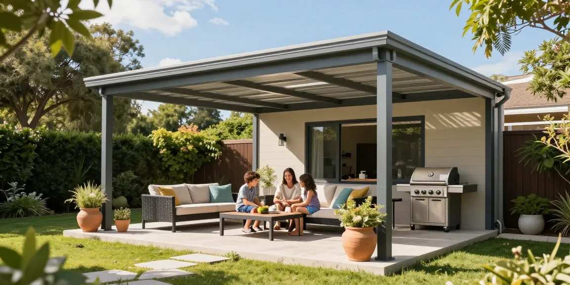 Moderne Terrassenüberdachungen in einem einladenden Garten mit Familie.