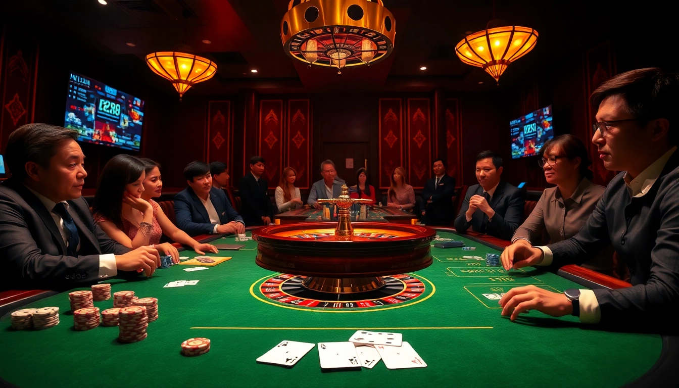 Experience the thrill of gambling with https://hz88.life/ at a vibrant casino table filled with excited players.