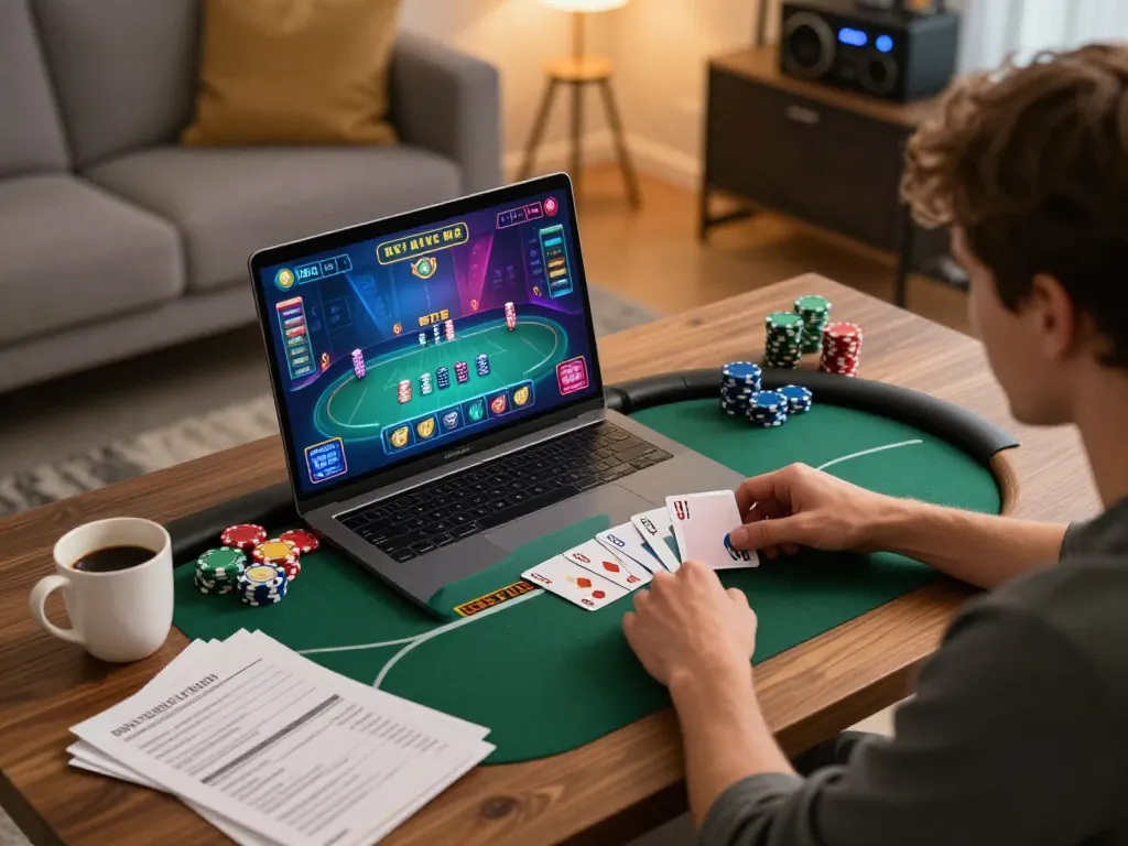 Player engaged in online poker at RR88, showcasing strategy notes and game interface in a cozy environment.