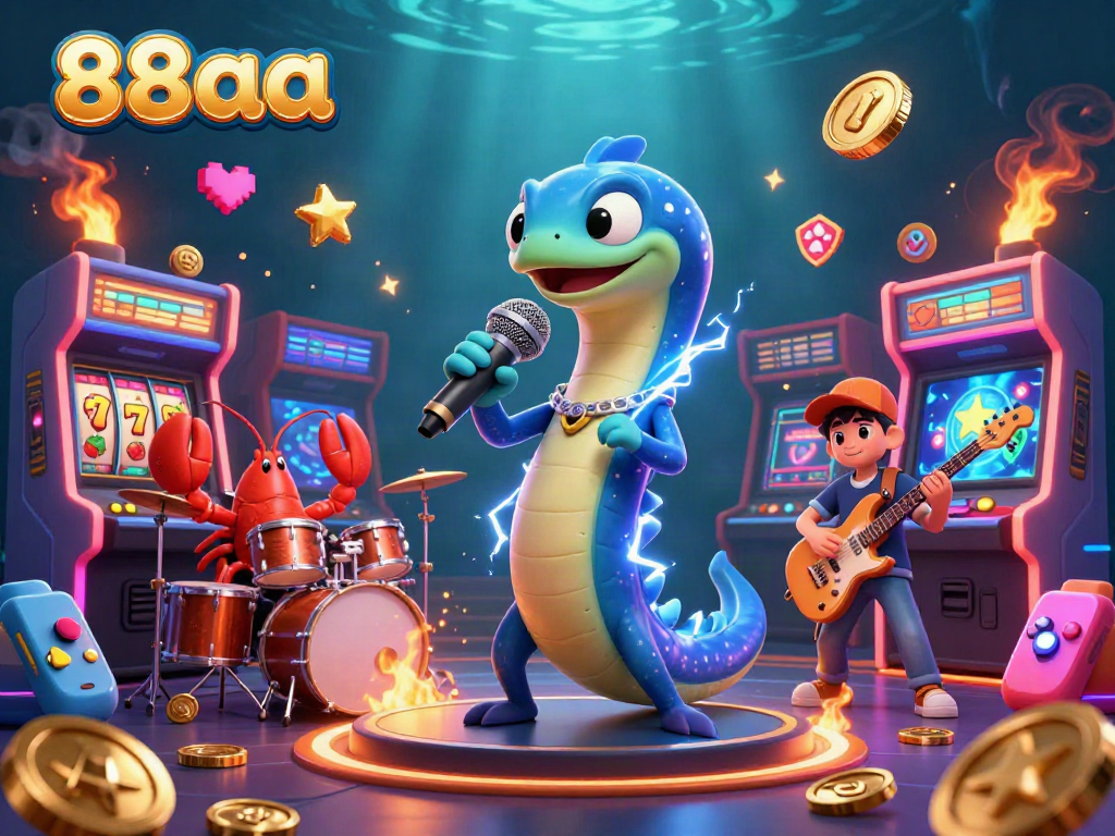 88aa electric eel DJ performing at an underwater casino with vibrant slot elements.