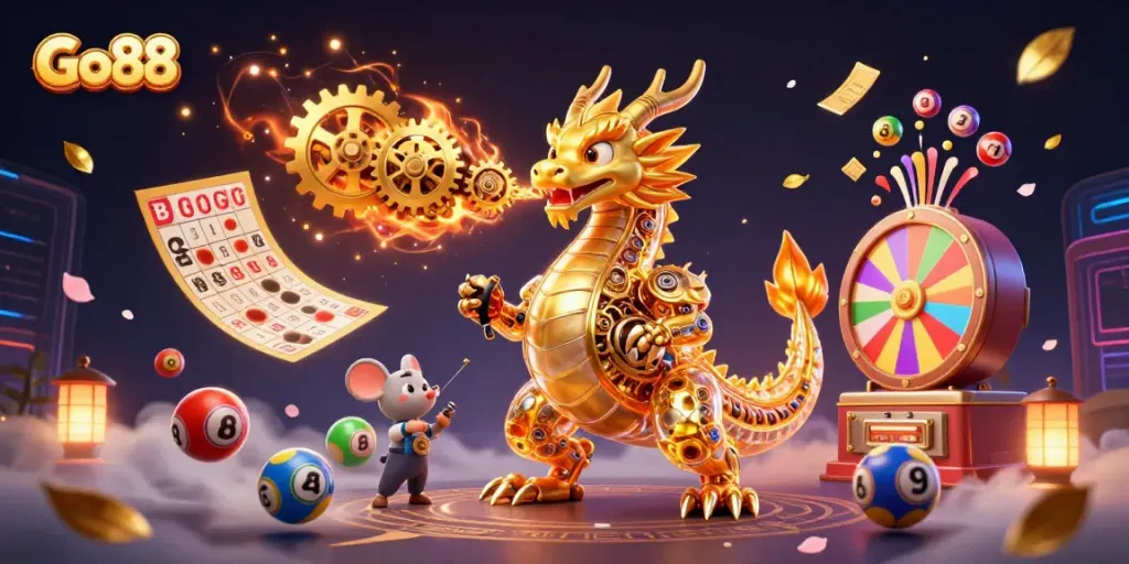 Experience the thrill with Go 88, a vibrant illustration of a golden dragon surrounded by dynamic lottery elements.