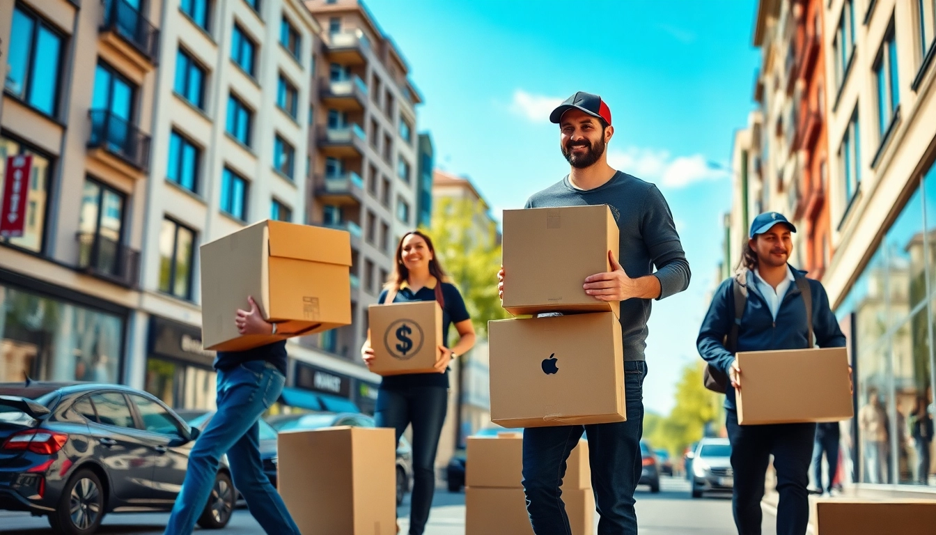 Berlin Umzugsunternehmen transports boxes and furniture in a busy Berlin street.