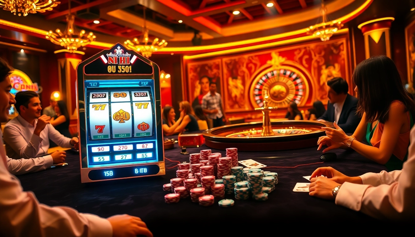 Exciting nổ hũ slot machine experience with colored poker chips and cards.