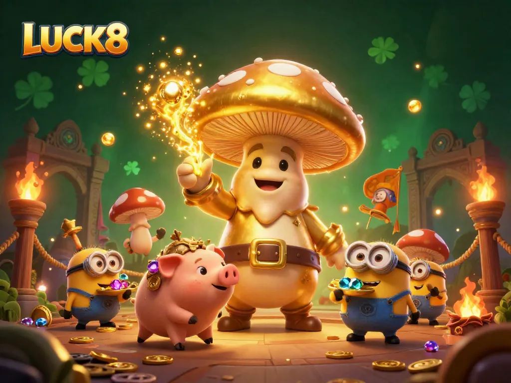 Engage with LUCK8's vibrant gaming scene featuring an enchanted mushroom wizard and treasure-finding pig.