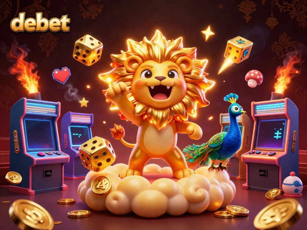 Experience thrilling wins with debet, featuring a dynamic animated scene of a roaring lion and golden dice.