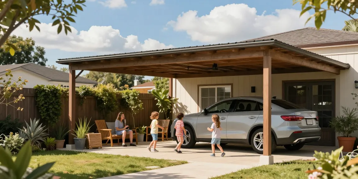 Ein schöner Carport im Garten mit Familie, die einen sonnigen Tag genießt.